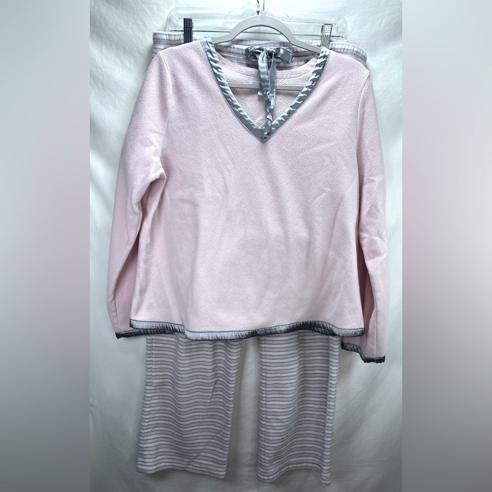 Pajamagram Pink, White & Gray Stripe, Satin Trim Woman’s Size Large Pajama Set.